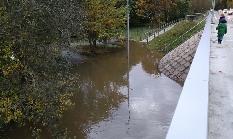 Danės upės vandens lygis dėl lietaus yra stipriai pakilęs.