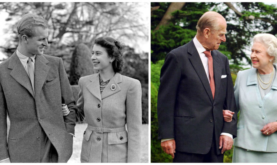 Karalienė Elizabeth II ir princas Philipas 1947 metais (kairėje) ir 2007 metais
