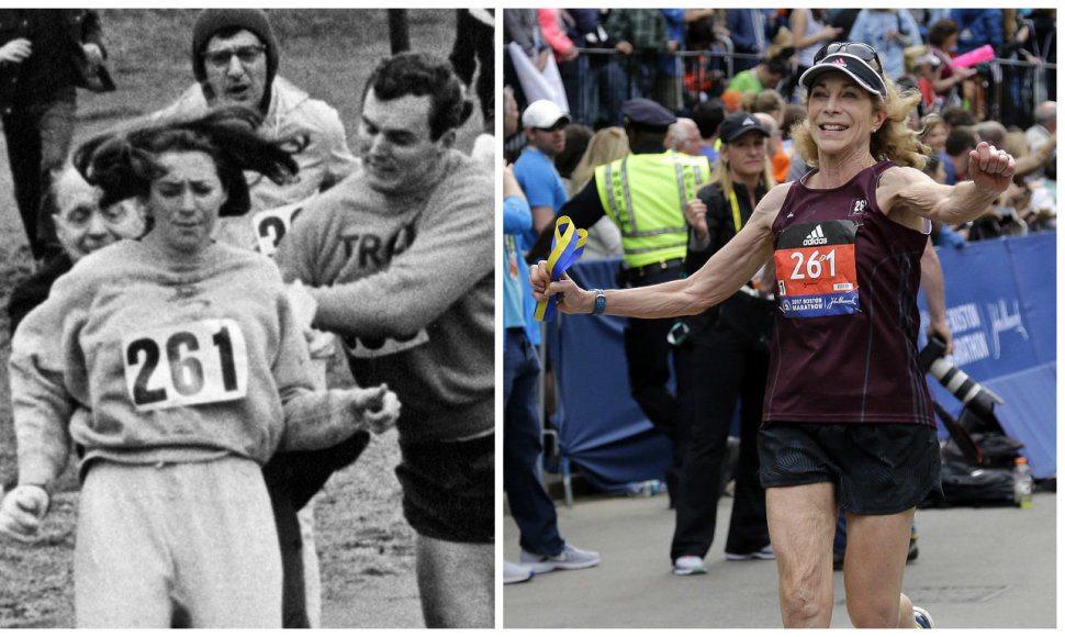 Kathrine Switzer bėga Bostono maratone 1967 ir 2017 m.