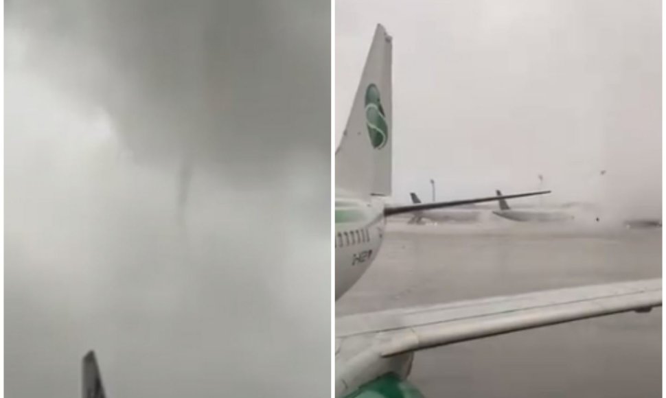 Antaliją galinga audra: tornadas oro uoste vartė autobusus ir stumdė lėktuvus