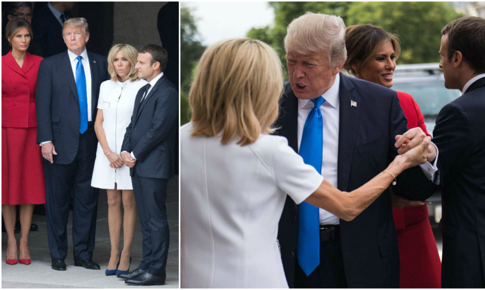 Emmanuelis Macronas su žmona Brigitte ir Donaldas Trumpas su žmona Melania