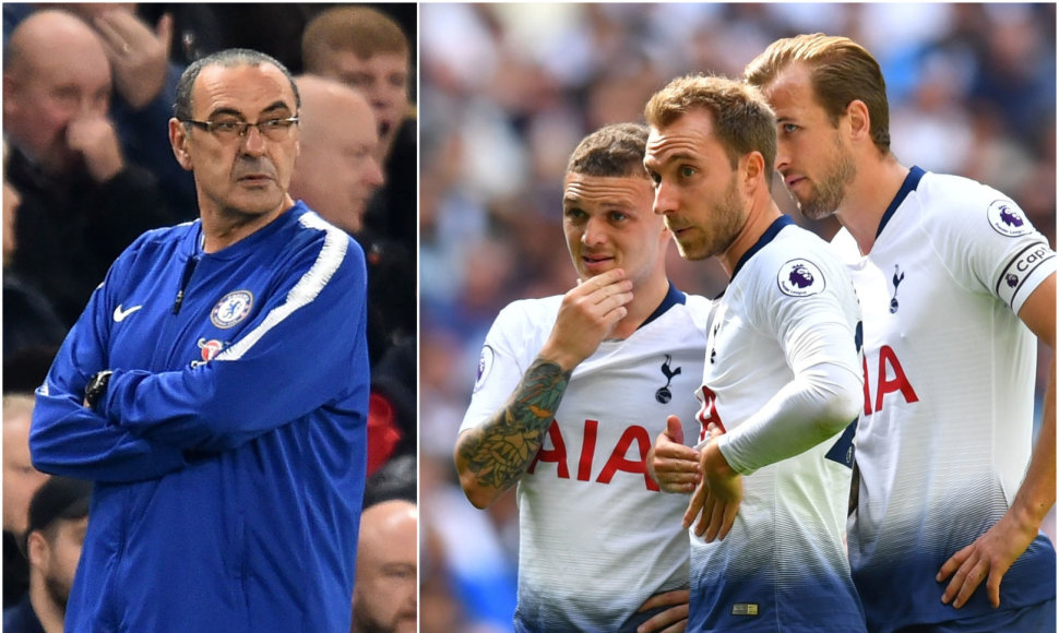 Maurizio Sarri ir „Tottenham“ žaidėjai Kieranas Trippieras, Christianas Eriksenas ir Harry Kane'as