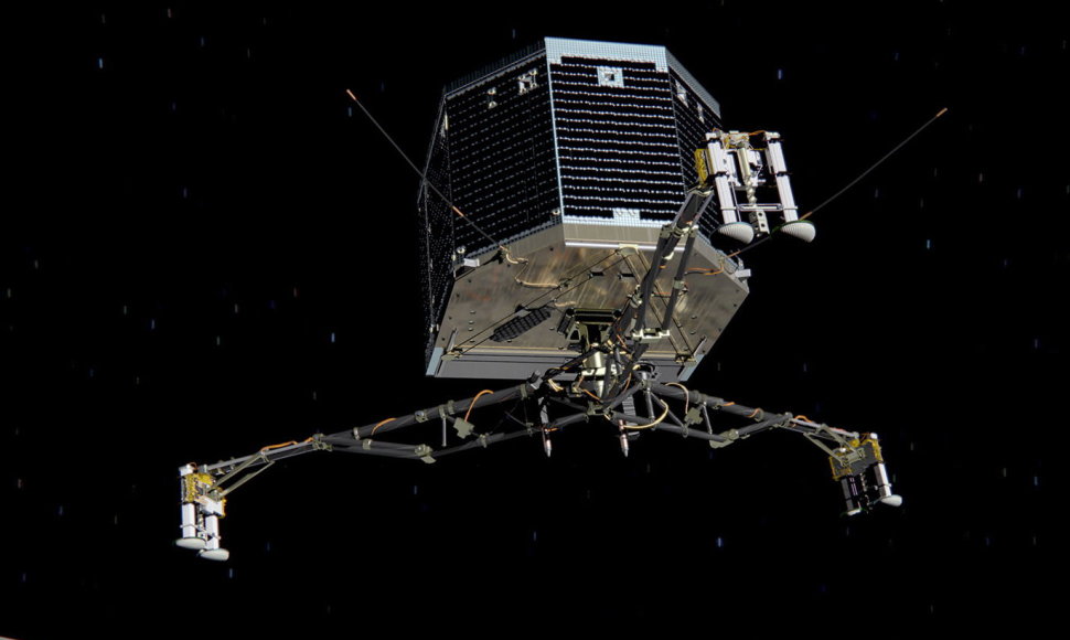 Kosminio aparato „Philae“ nusileidimas ant kometos paviršiaus dailininko akimis