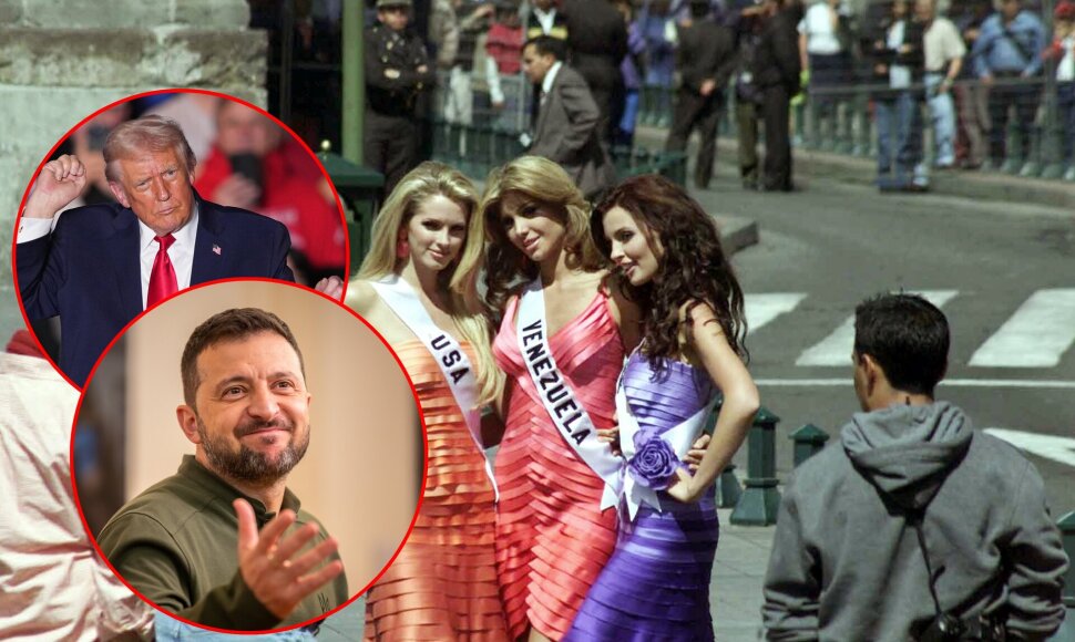 Donaldas Trumpas, Volodymyras Zelenskis ir „Mis Ukraina“ Oleksandra Mykolajenko (dešinėje)