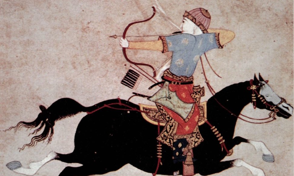 Mongolų raitininkas – su lanku ir joja stačias