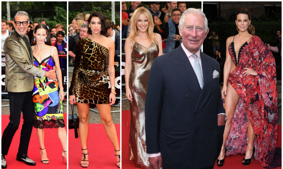 Jeffas Goldblumas su žmona, Dua Lipa, Kylie Minogue, princas Charlesas ir Kate Beckinsale