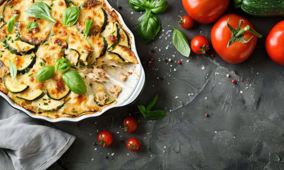 Vi&scaron;tienos tro&scaron;kinys su cukinija, pomidorais ir parmezano sūriu