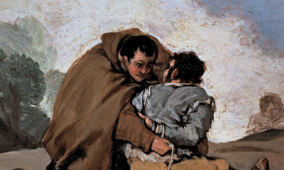 Vienuolis Pedras su banditu, detalė. Apie 1806 m. Goya nutapė šešis kūrinius, kaip vienuolis sulaiko baisų plėšiką 