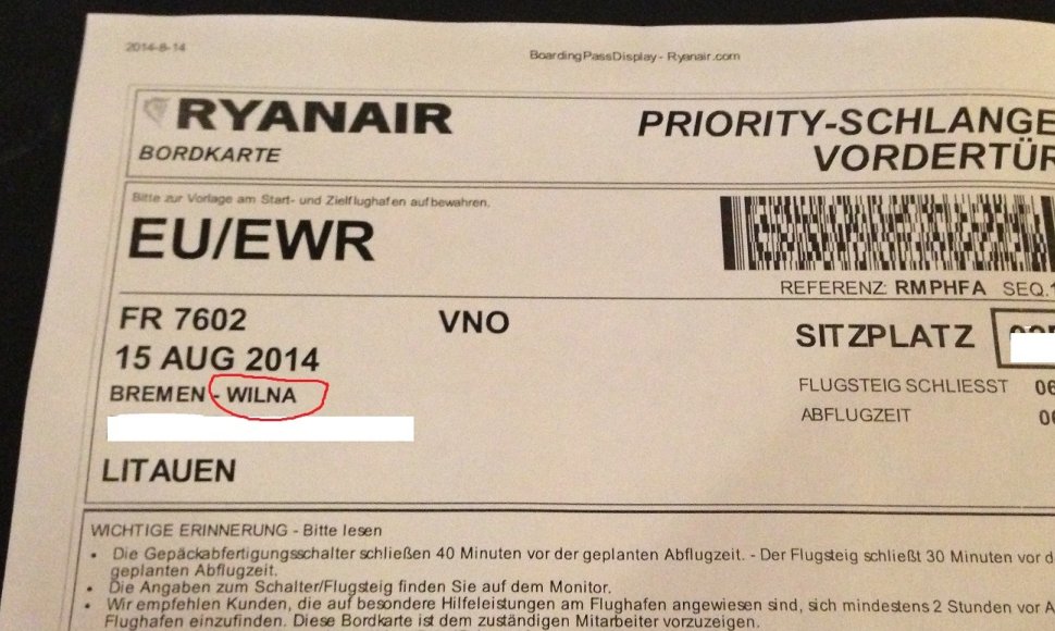 „Ryanair“ bilietas