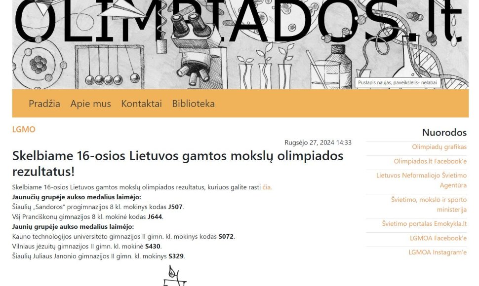 Taip atrodė informacija apie gamtos mokslų olimpiados laimėtojus