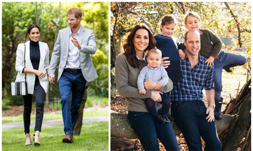 Princas Harry su žmona Meghan ir princas Williamas su žmona Catherine bei vaikais