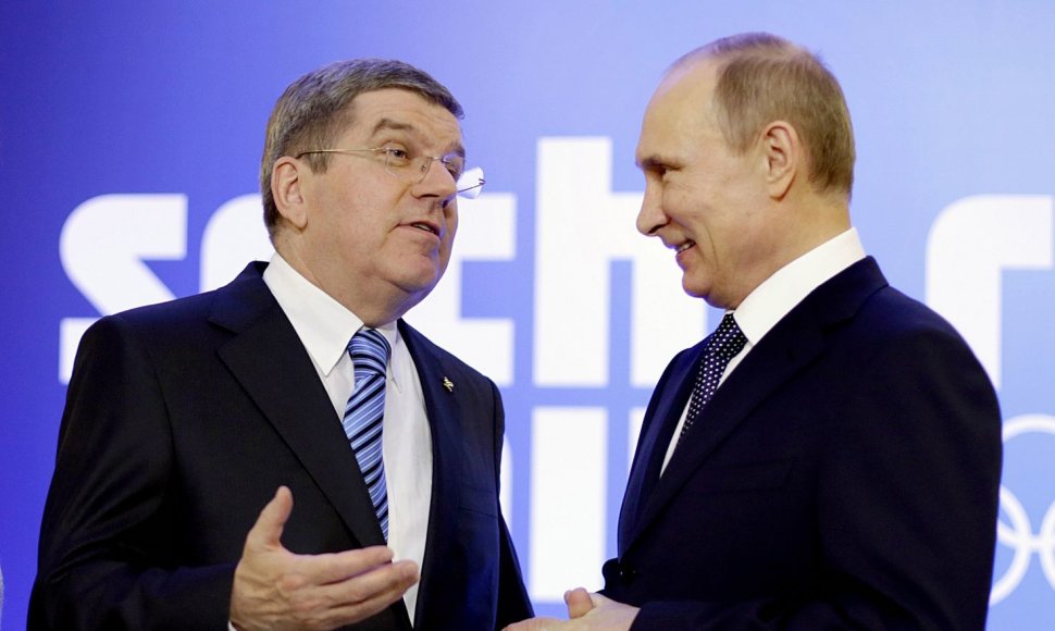 Tarptautinio olimpinio komiteto pirmininkas Thomas Bachas ir Rusijose prezidentas Vladimiras Putinas