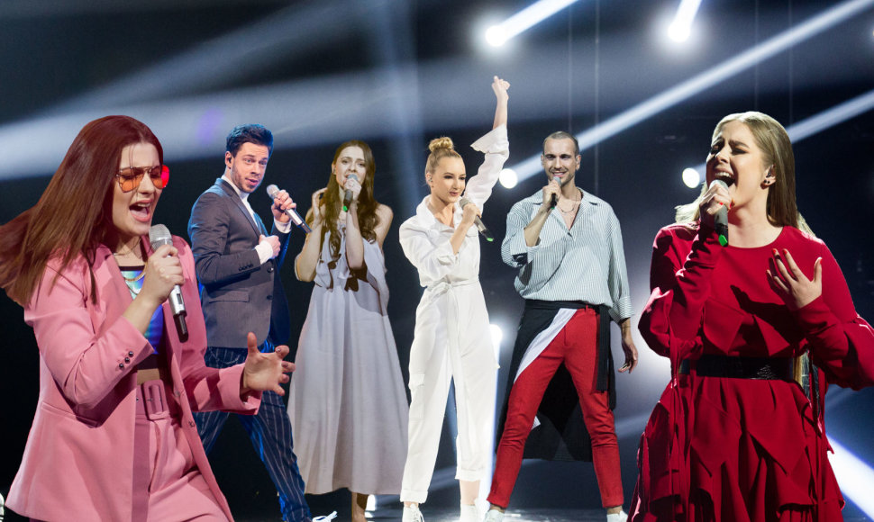 „Eurovizijos“ finalininkai (iš kairės): Kotryna Juodzevičiūtė, Jurgis Brūzga, Ieva Zasimauskaitė, Paula, „The Roop“ ir Monika Marija Paulauskaitė