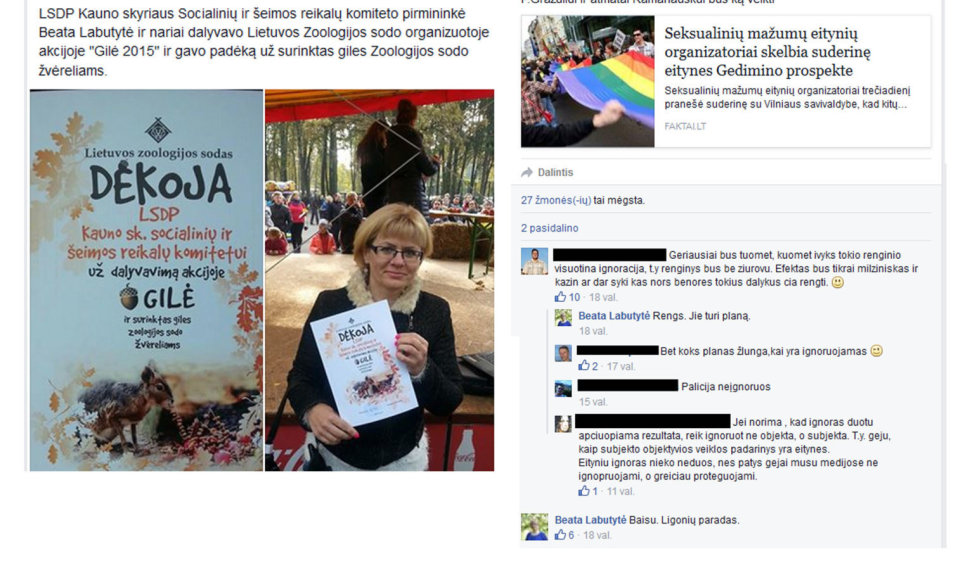 Socialdemokratės Beatos Labutytės nuomonė apie homoseksualų eitynes