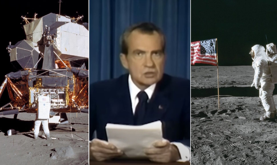 Richardas Nixonas ir „Apollo 11“ astronautai Mėnulyje