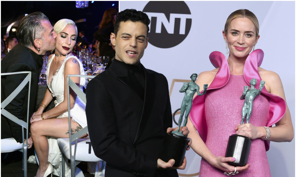 Ekrano aktorių gildijos apdovanojimai: Lady Gaga su sužadėtiniu ir laureatai Rami Malekas bei Emily Blunt