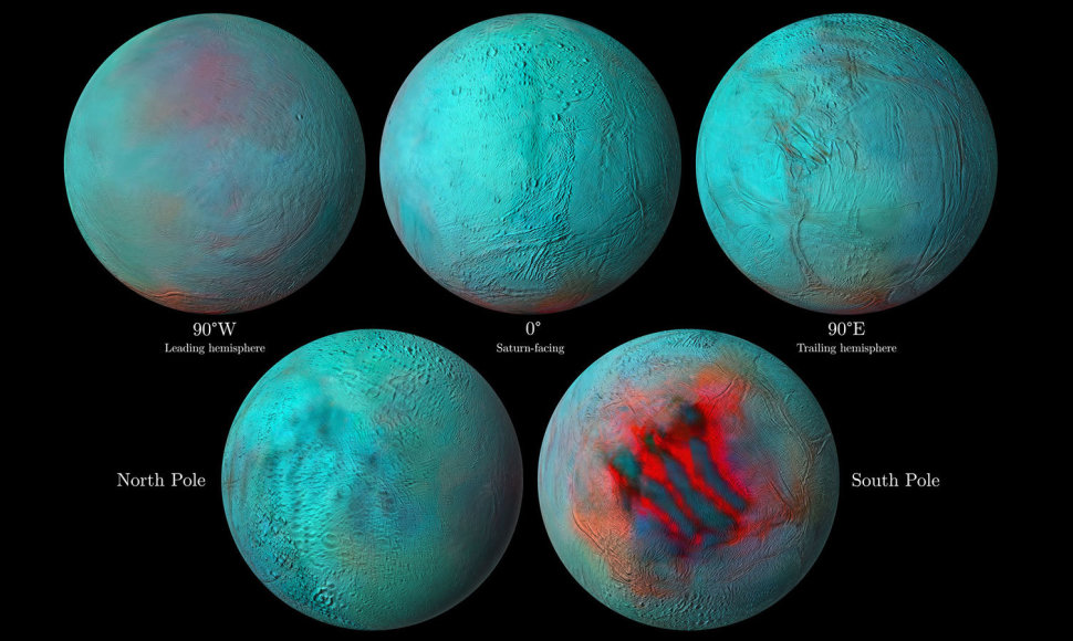 Infraraudonojo spektro „Cassini“ zondo nuotraukose matoma, kad šviežio ledo Encelade yra ne tik ties pietiniu, bet ir ties šiauriniu ašigaliu
