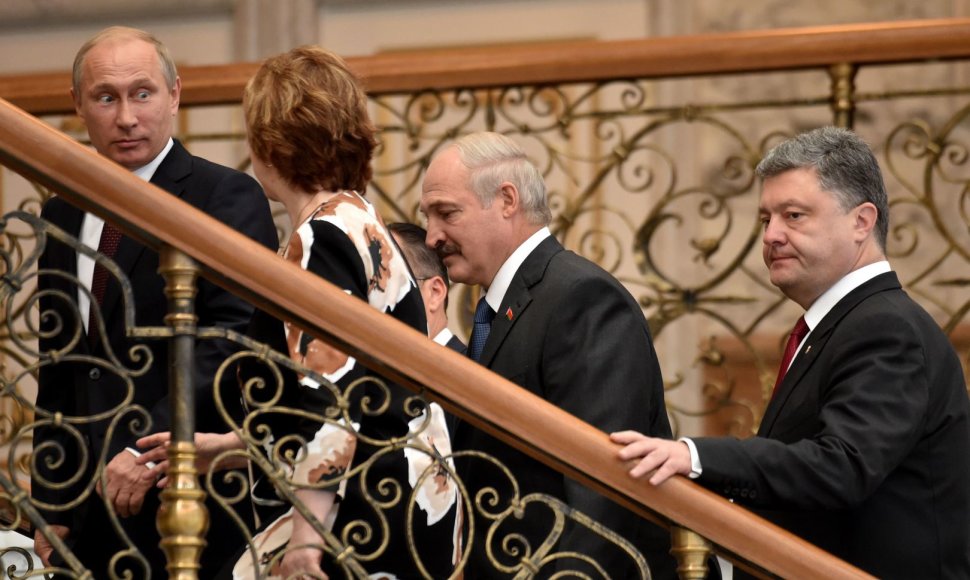 Rusijos prezidentas Vladimiras Putinas, ES užsienio politikos vadovė Catherine Ashton, Baltarusijos prezidentas Aleksandras Lukašenka ir Ukrainos prezidentas Petro Porošenka