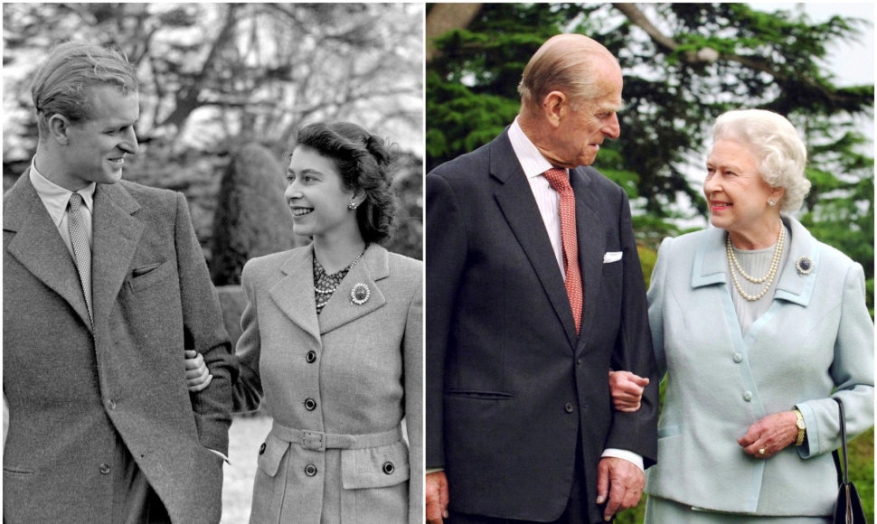 Karalienė Elizabeth II ir princas Philipas 1947 metais jų sužadėtuvių proga darytoje nuotraukoje ir 2007 metais, minint santuokos 60-metį