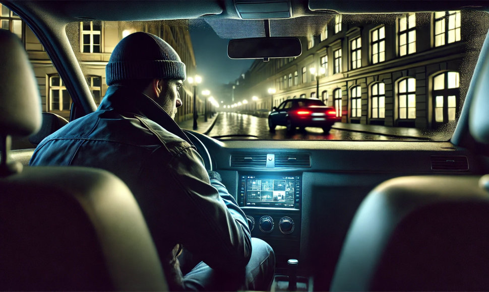 DALL·E 2024-10-26 22.23.31 - A realistic, horizontal illustration of a Lithuanian criminal intelligence officer in plain clothes, seated on the back seat of an unmarked car, obser