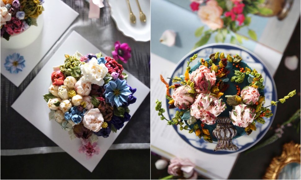 Gėlėmis dekoruoti tortai