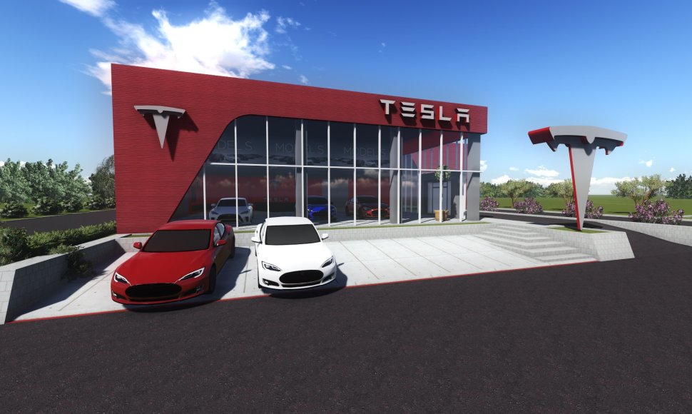„Tesla“ įkrovimo stotelės vizualizacija 