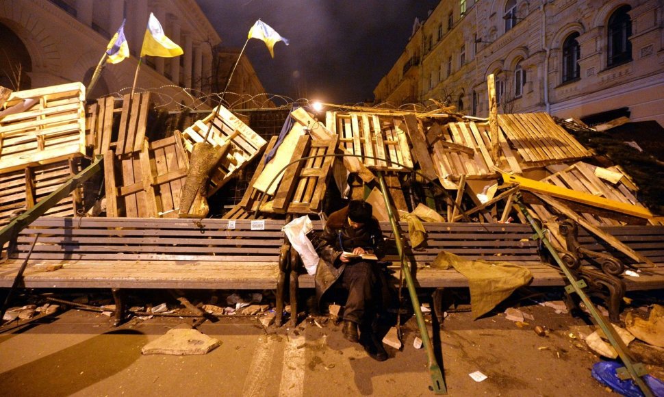 Protestuotojas skaito knygą Kijevo centre