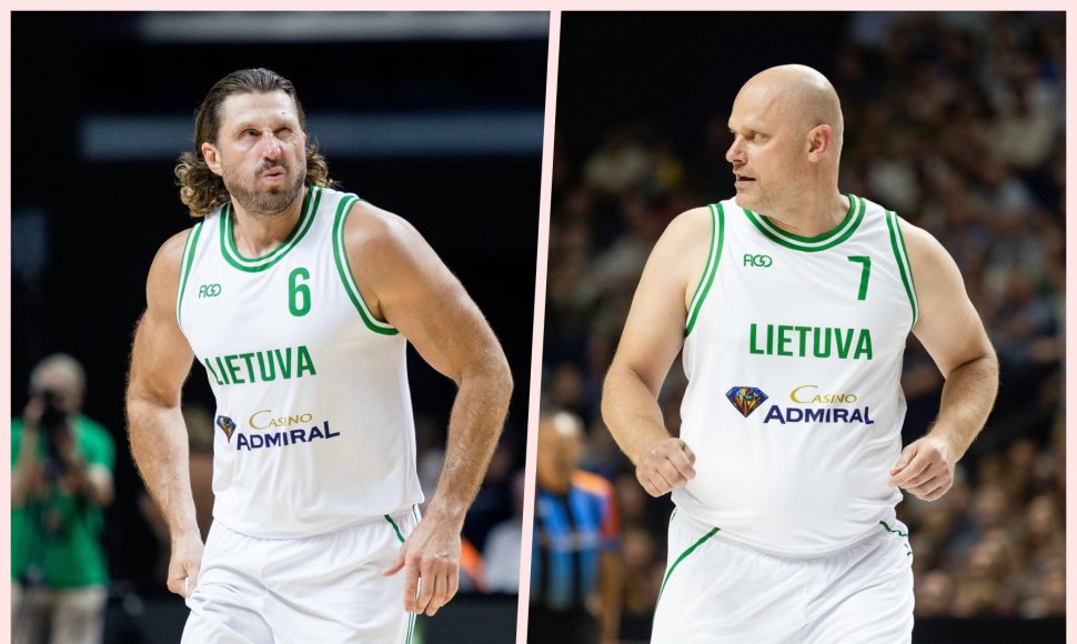 Arvydas Macijauskas ir Saulius Štombergas vėl pasirodė krepšinio scenoje per 2003 metų Europos čempionų šventines rungtynes,