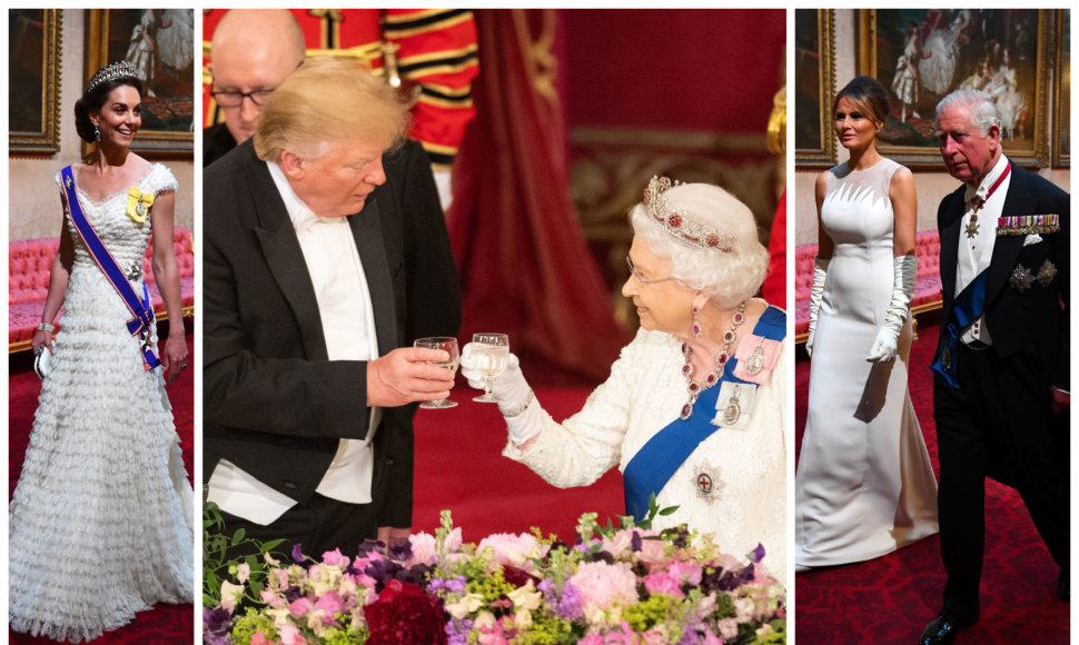 Hercogienė Catherine, karalienė Elizabeth II ir JAV prezidentas Donaldas Trumpas, Melania Trump ir princas Charlesas