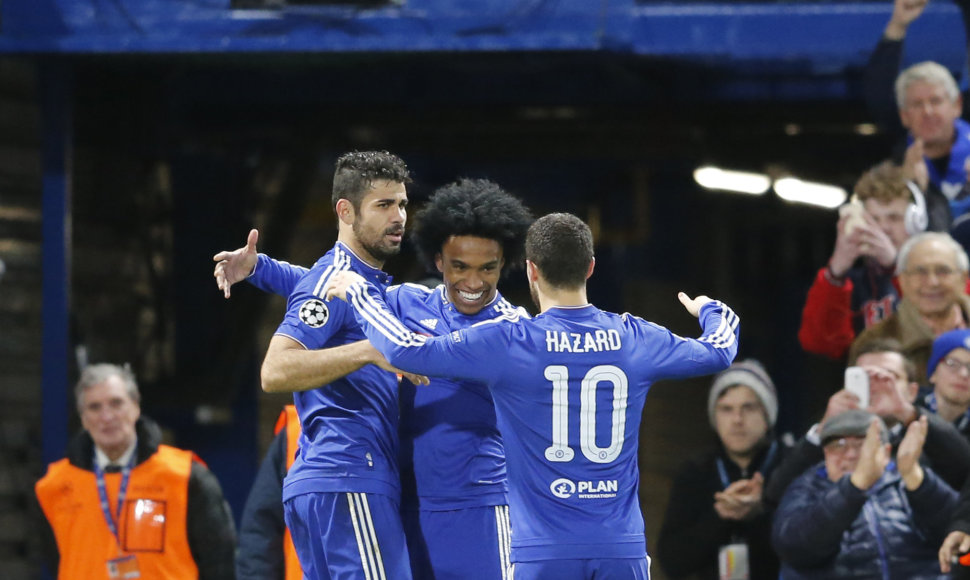 „Chelsea“ žaidėjai: Diego Costa, Willianas ir Edenas Hazardas