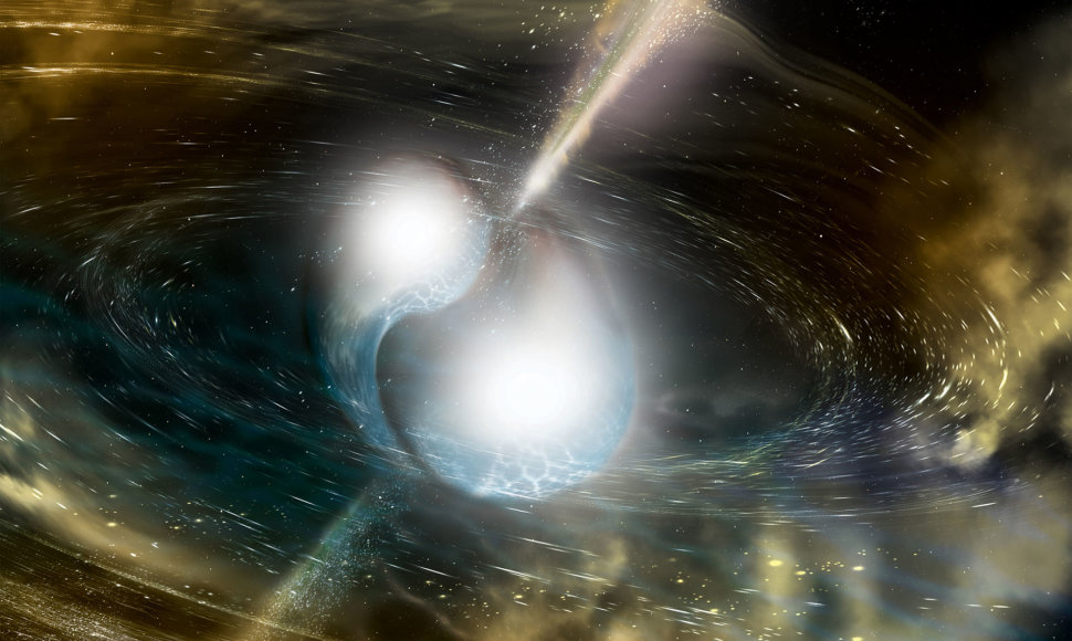 Dailininko iliustracija: kaip galėtų atrodyti dviejų besijungiančių neutroninių žvaigždžių išmetamas gama spindulių žybsnis