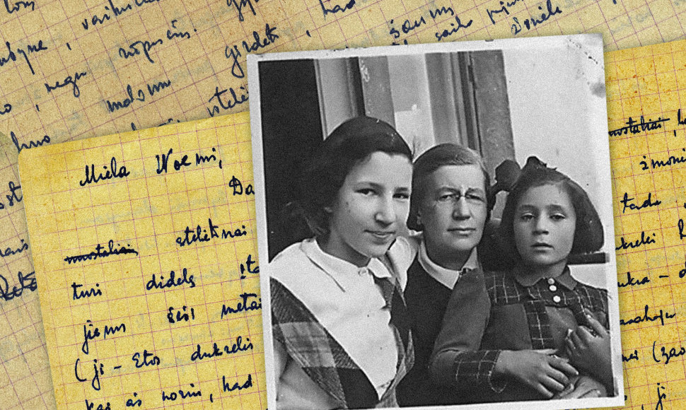 Gydytoja Fruma Gurvičienė su dukra Eta (kairėje) ir dukterėčia Noemi (dešinėje); fone P.Butkevičiaus Noemi adresuoti laiškai.
