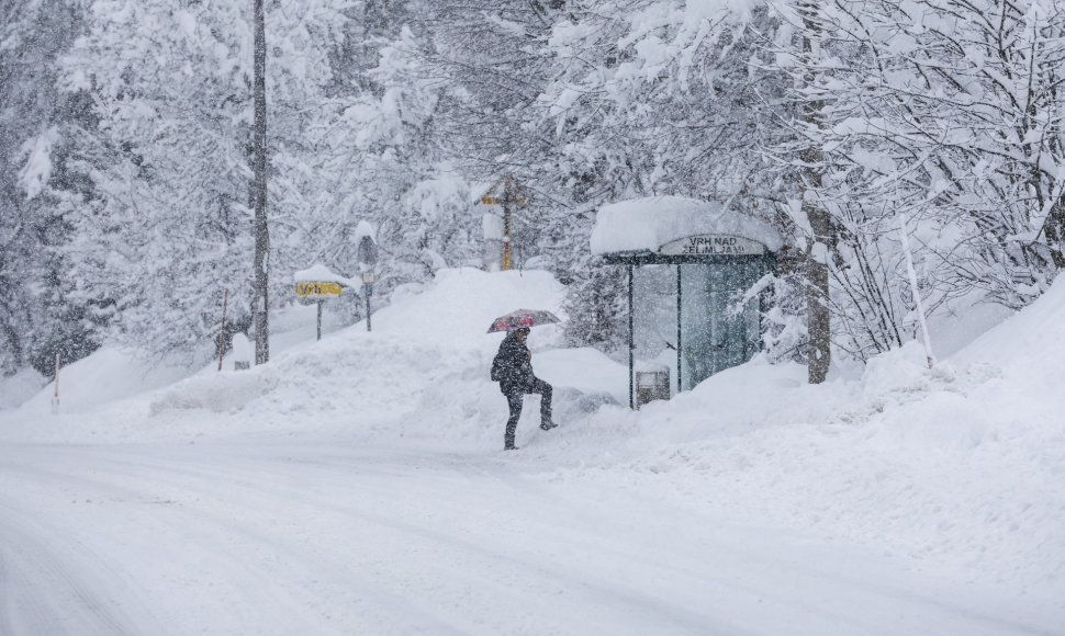 Dėl sniego audros ir stipraus vėjo Slovėnijoje pirmadienį kilo sumaištis keliuose