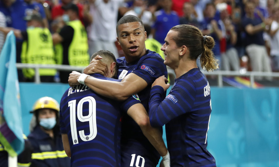 K.Benzema, K.Mbappe ir A.Griezmannas – Prancūzijos puolimo žvaigždžių trejetas.