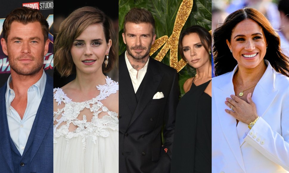 Chrisas Hemsworthas, Emma Watson, Davidas Beckhamas ir Victoria Beckham, Meghan Markle