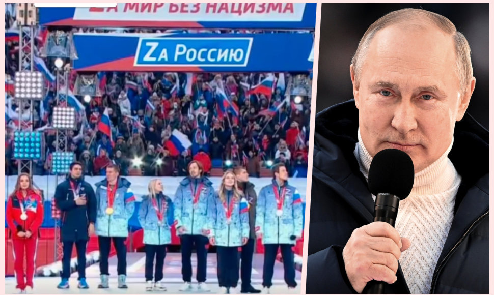 Rusijos sporto žvaigždės dalyvavo V.Putino propagandiniame renginyje. Ant daugumos atletų aprangos matėsi Z raidė – dabar ji dažnai lyginama su A.Hitlerio laikų svastika.