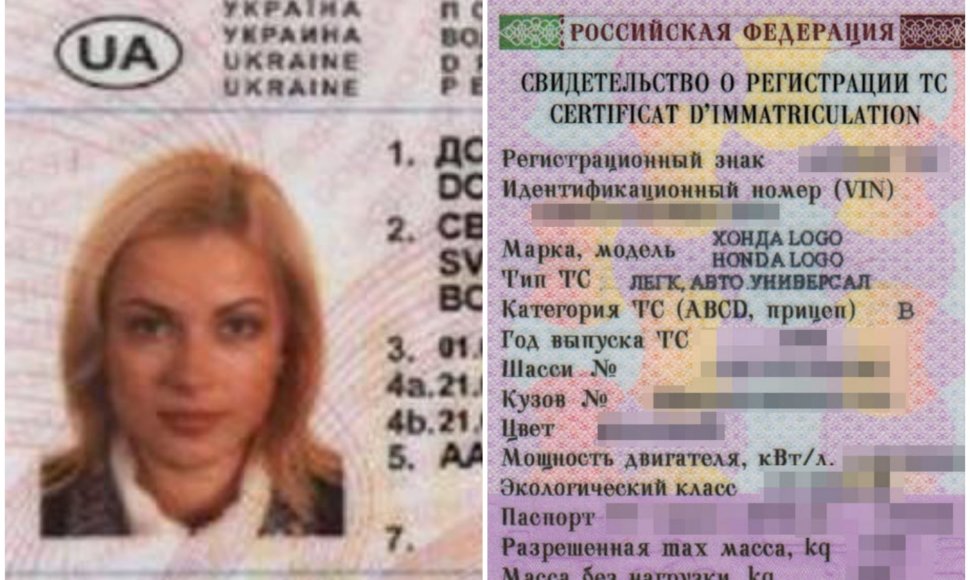Ukrainos vairuotojo pažymėjimo ir Rusijos automobilio registracijos liudijimo pavyzdžiai