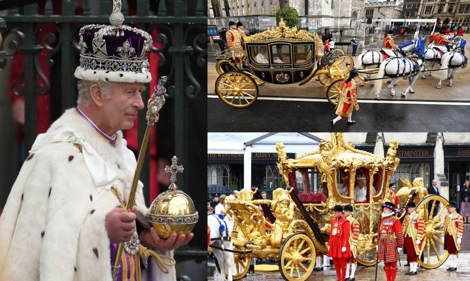 Karalius Charlesas III ir karūnacijos dienos karietos