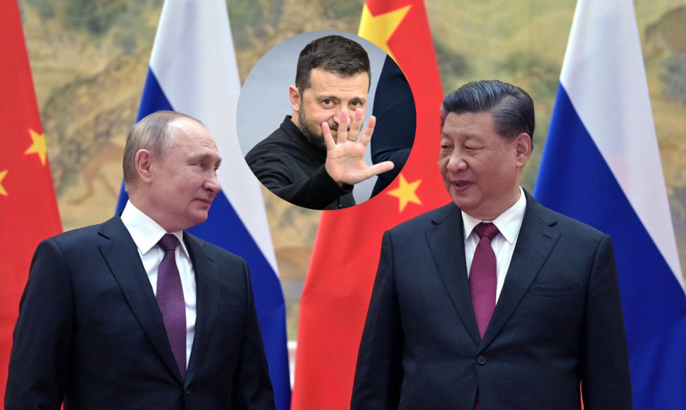 Rusijos prezidentas Vladimiras Putinas, Kinijos lyderis Xi Jinpingas, Ukrainos vadovas Volodymyras Zelenskis