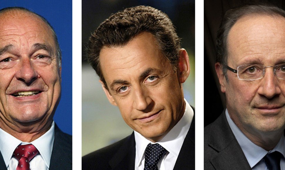 Prancūzijos prezidentai Jacques'as Chiracas, Nicolas Sarkozy ir Francois Hollande'as
