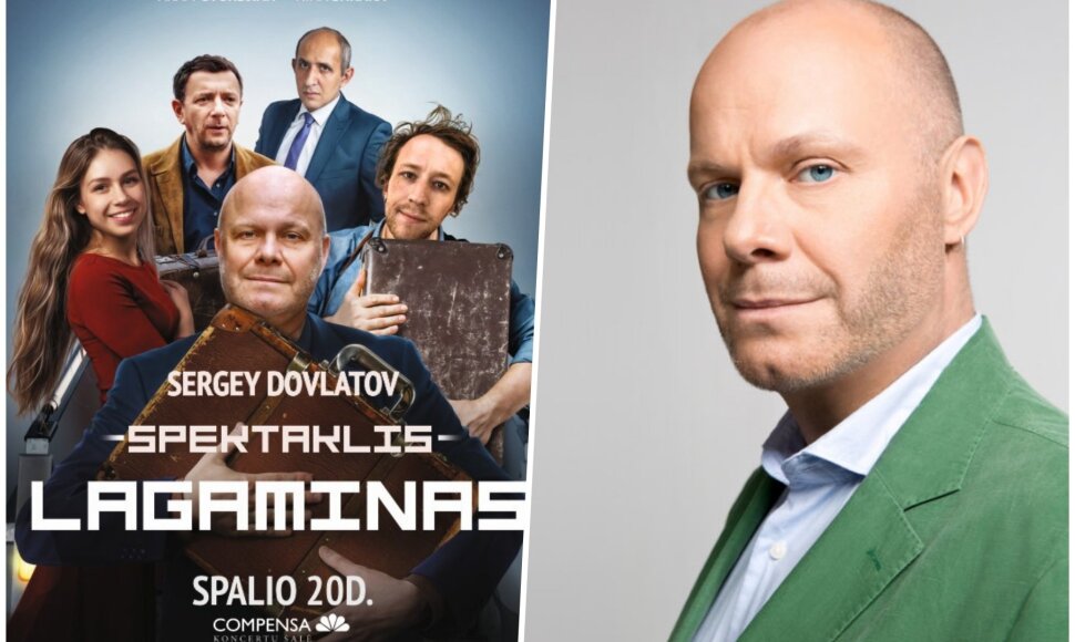 Spektaklio &bdquo;Lagaminas&ldquo; plakatas ir vienas i&scaron; jo aktorių, muzikantas Aleksejus Kortnevas
