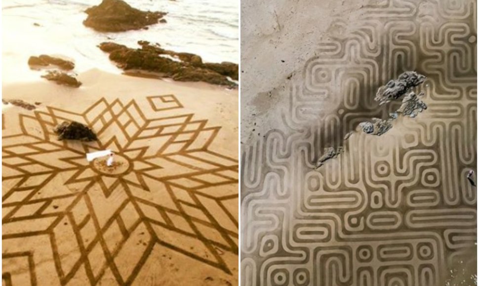 Žemės peizažo menininkas kuria įspūdingus laikinus grafičius ant smėlio