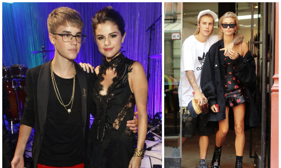 Justinas Bieberis su Selena Gomez 2011 metais ir su Hailey Baldwin 2018 metais