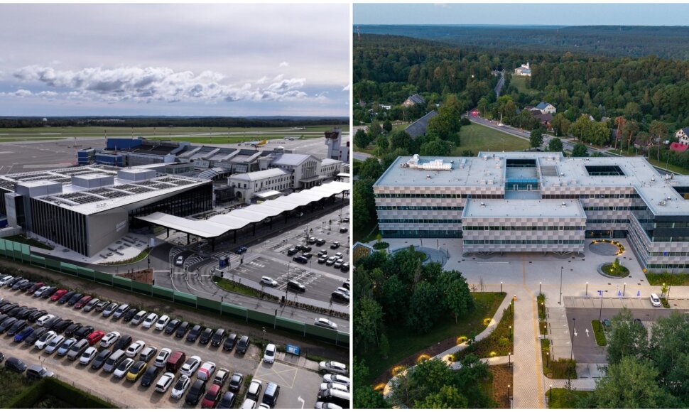 Naujasis Vilniaus oro uosto i&scaron;vykimo terminalas (AB Lietuvos oro uostai) ir VU medicinos mokslo centras (Eika Costruction) (de&scaron;inėje)