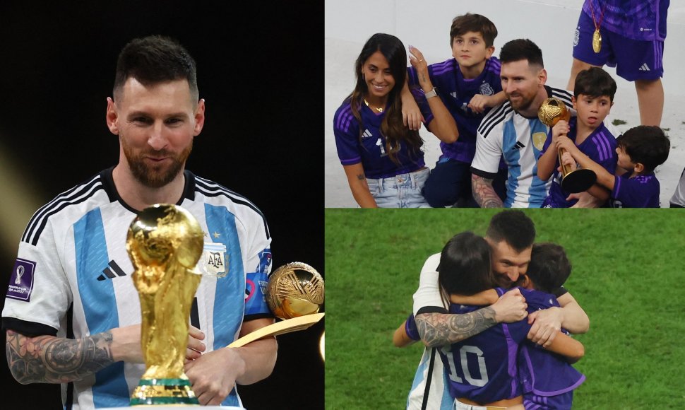 Lionelis Messi su žmona Antonela Roccuzzo ir sūnūmis Mateo, Thiago bei Ciro