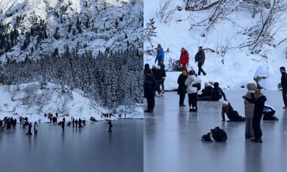 Turistai ant plono ežero ledo Tatruose