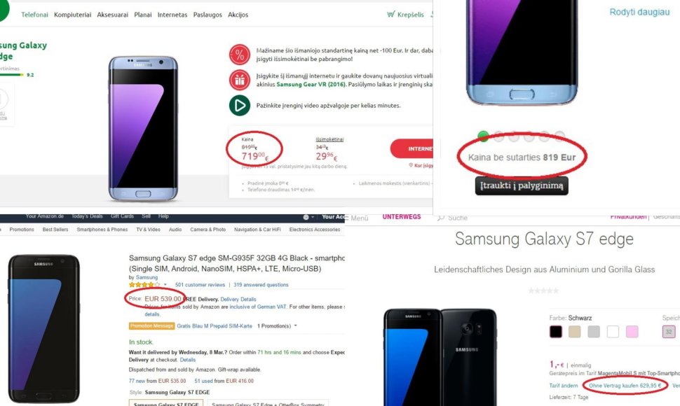 „Samsung Galaxy S7“ šeimos telefonų kainų skirtumai