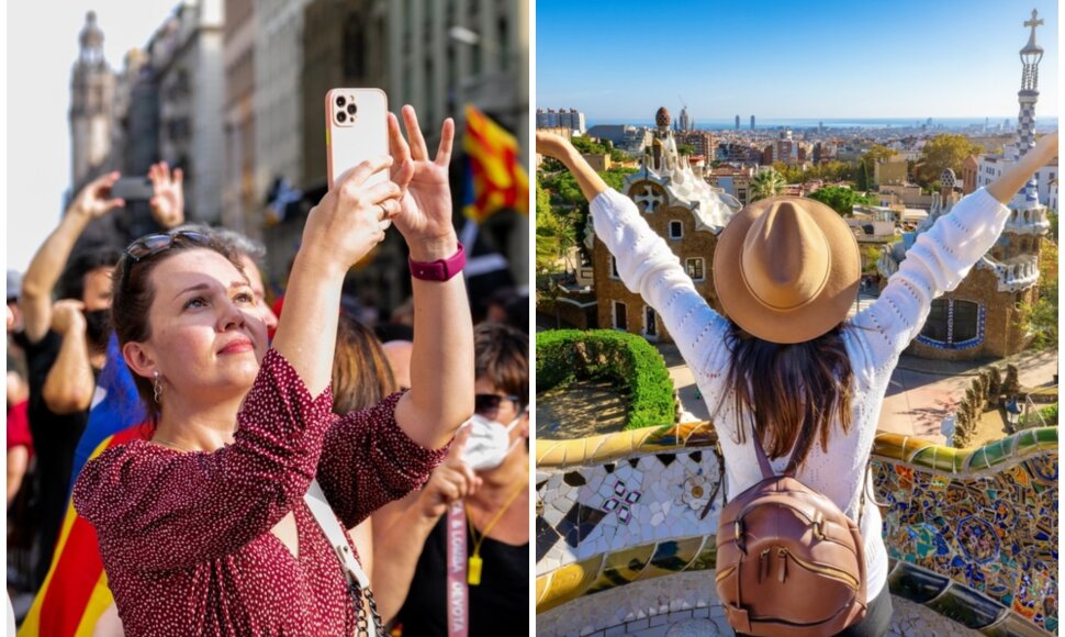 Prie&scaron; turistus protestuojantys kataloniečiai / Turistė Barselonoje