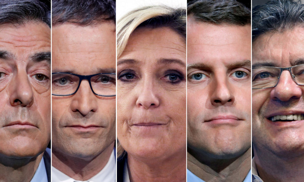 F.Fillonas, B.Hamonas, M.Le Pen, E.Macronas ir J.L.Melenchonas (iš kairės)