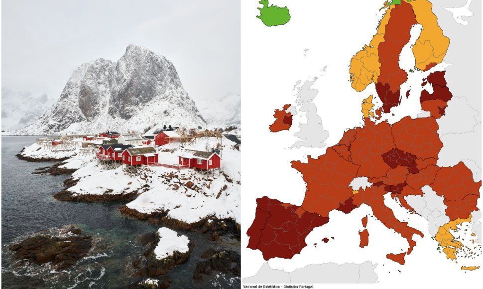 Norvegija žiemą ir ECDC žemėlapis, paskelbtas sausio 21 d.
